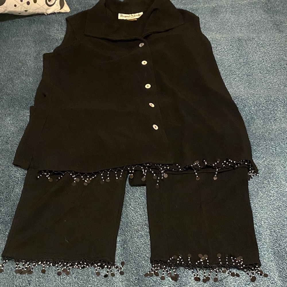 Black Beaded Trim Sleeveless Top and Pants Set